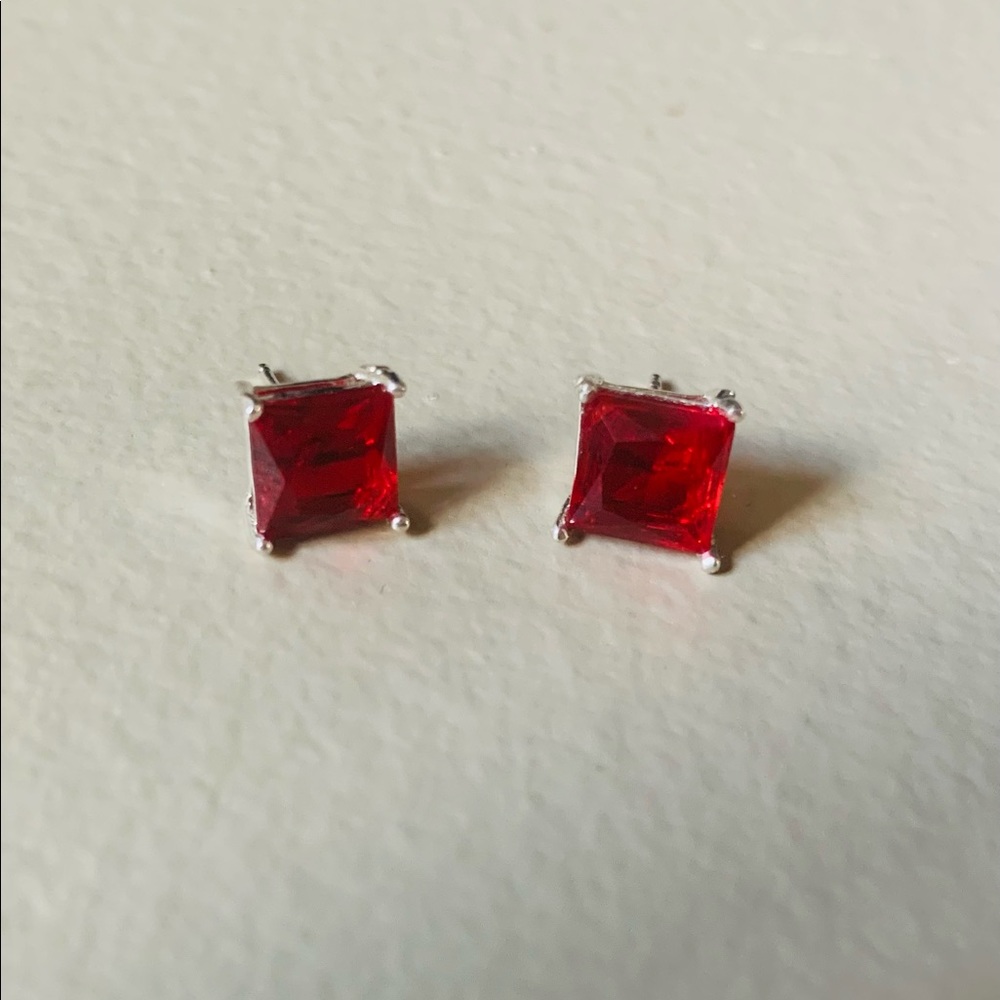Sterling Silver and Ruby Square-Shaped Stud Earrings